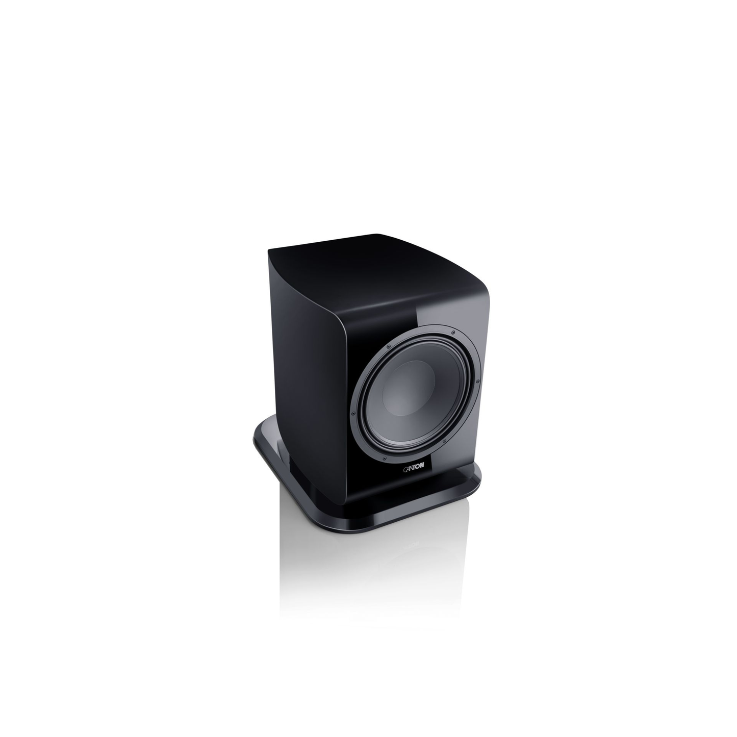 Canton Vento Sub 1 Aktiv-Subwoofer Schrägansicht von oben auf Gehäuse und Tieftöner, Schwarz Hochglanz