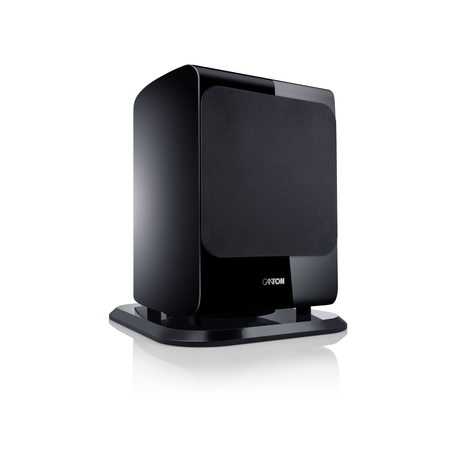 Canton Vento Sub 1 Aktiv-Subwoofer Schrägansicht mit Stoffabdeckung und Standfuss, Schwarz Hochglanz