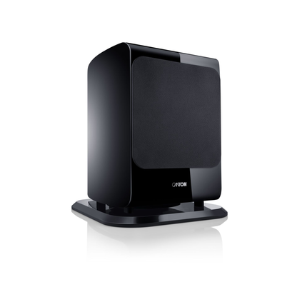 Canton Vento Sub 1 Aktiv-Subwoofer Schrägansicht mit Stoffabdeckung und Standfuss, Schwarz Hochglanz