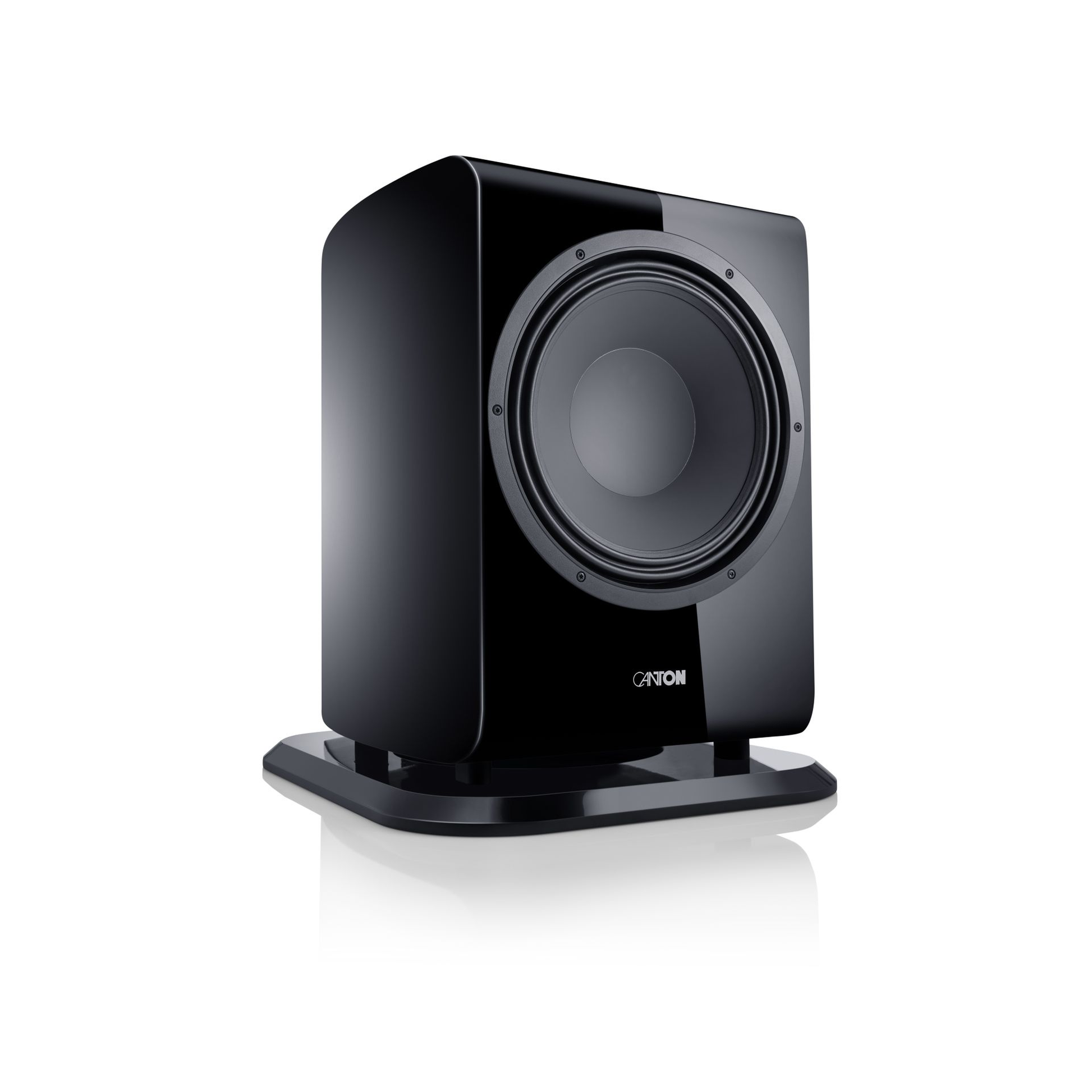 Canton Vento Sub 1 Aktiv-Subwoofer Schrägansicht ohne Abdeckung mit Standfuss, Schwarz Hochglanz