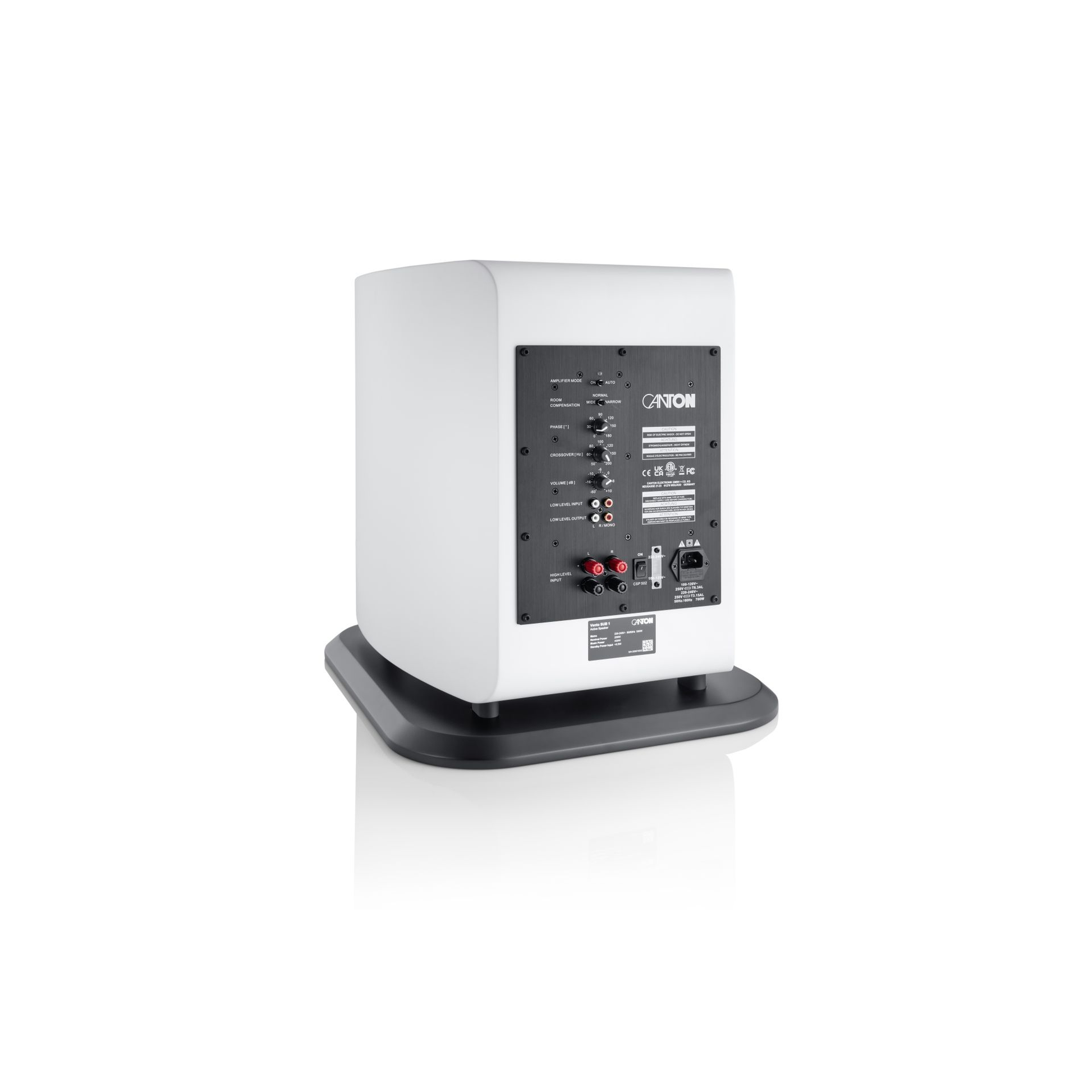 Canton Vento Sub 1 Aktiv-Subwoofer Anschlussfeld in Weiss mit Reglern, Cinch-Buchsen und Schraubklemmen
