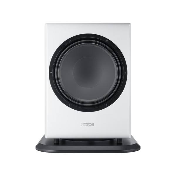 Canton Vento Sub 1 Aktiv-Subwoofer Frontansicht ohne Stoffabdeckung, Weiss matt, freiliegendes Tieftonchassis