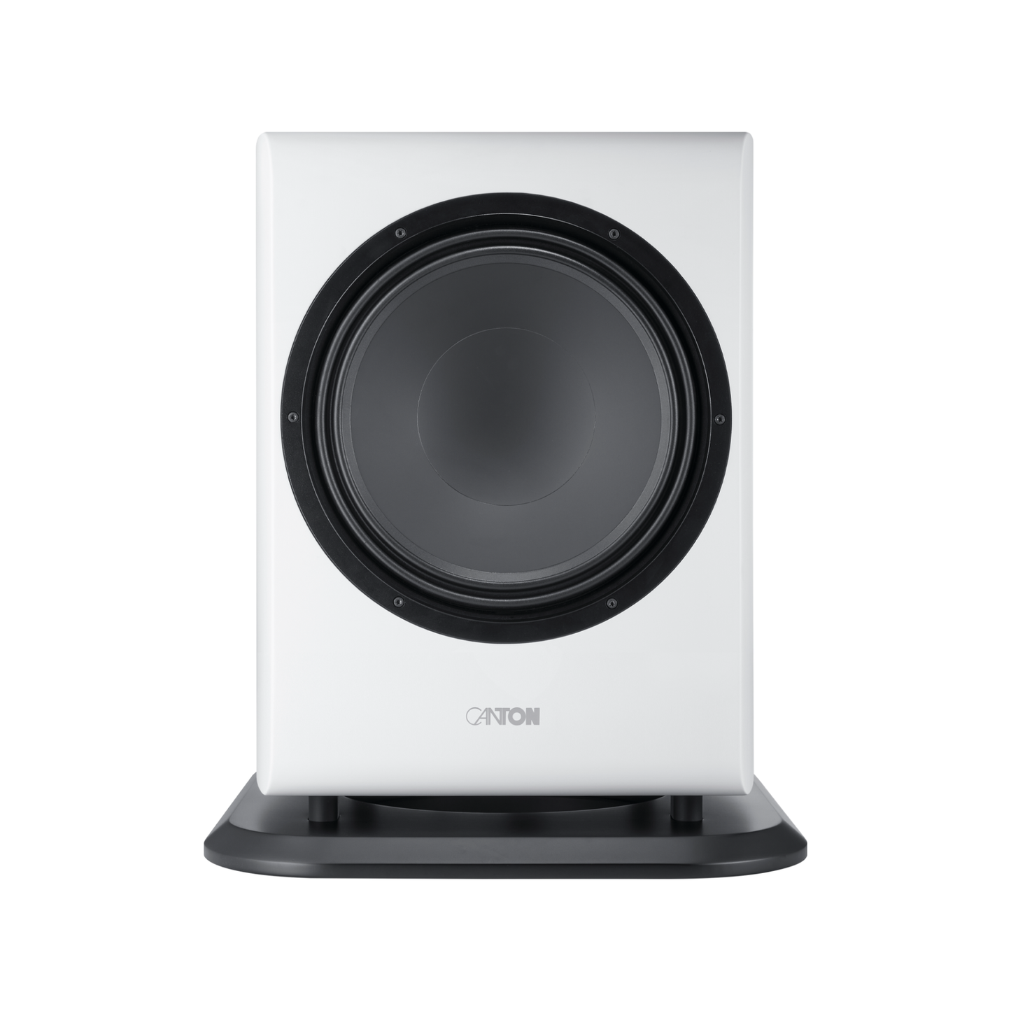Canton Vento Sub 1 Aktiv-Subwoofer Frontansicht ohne Stoffabdeckung, Weiss matt, freiliegendes Tieftonchassis