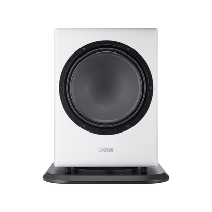 Canton Vento Sub 1 Aktiv-Subwoofer Frontansicht ohne Stoffabdeckung, Weiss matt, freiliegendes Tieftonchassis