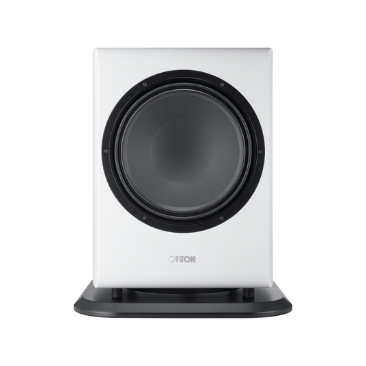 Canton Vento Sub 1 Aktiv-Subwoofer Frontansicht ohne Stoffabdeckung, Weiss matt, freiliegendes Tieftonchassis