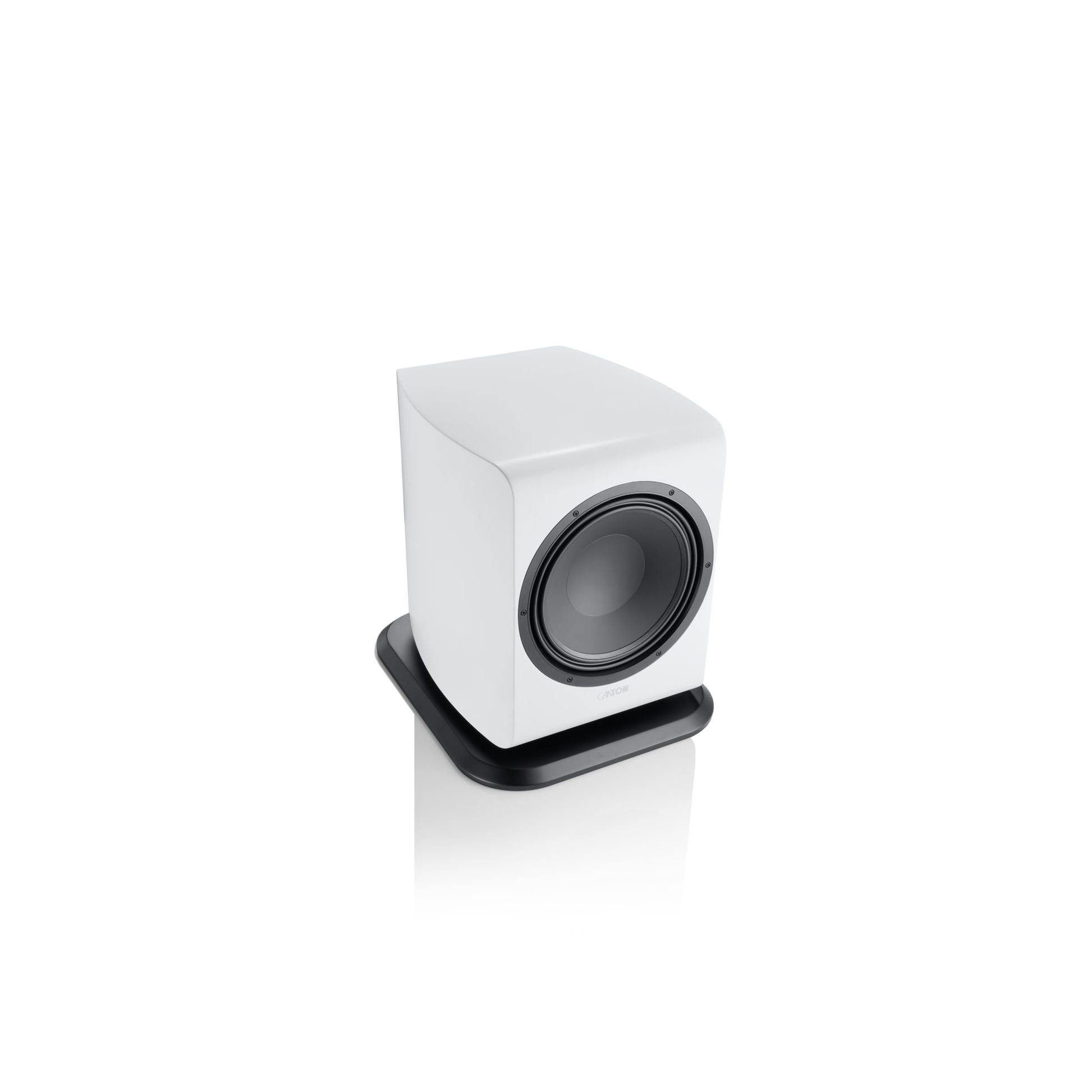 Canton Vento Sub 1 Aktiv-Subwoofer Schrägansicht von oben, Weiss matt, Gehäusekante und Tieftöner