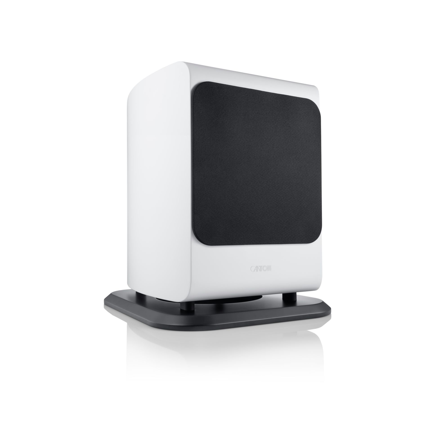 Canton Vento Sub 1 Aktiv-Subwoofer Schrägansicht mit montierter Abdeckung, Weiss matt mit Standfuss