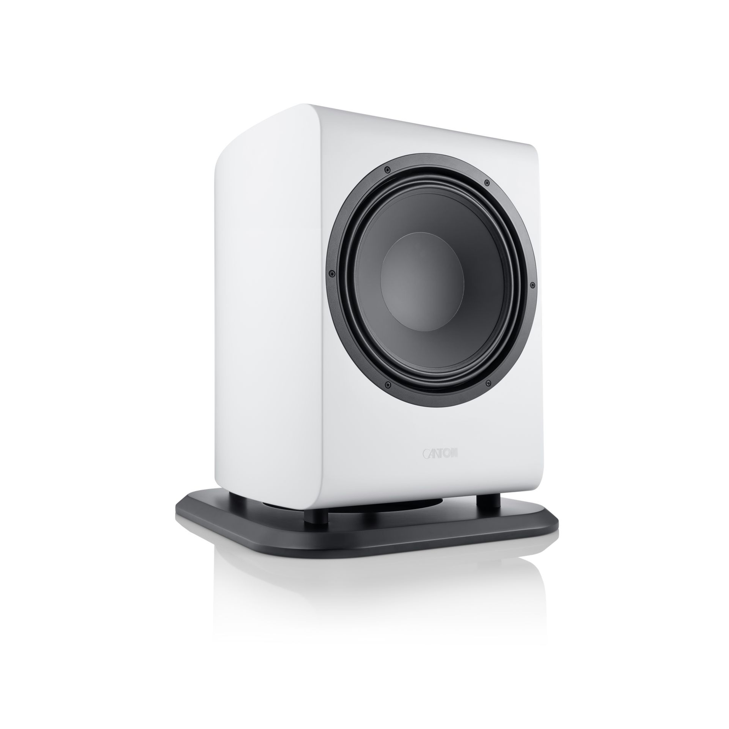 Canton Vento Sub 1 Aktiv-Subwoofer Schrägansicht von rechts ohne Abdeckung, Weiss matt mit Standfuss