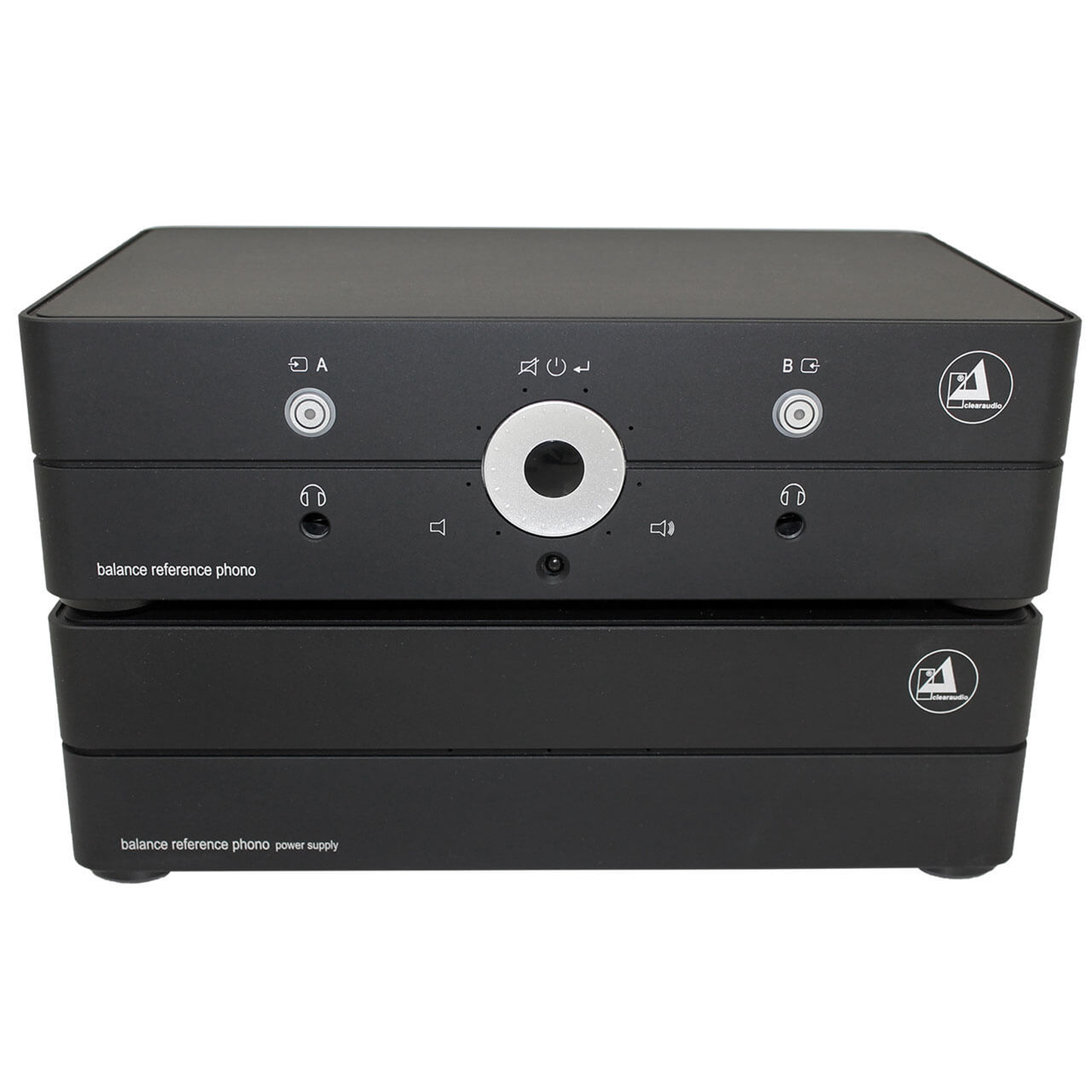 Clearaudio Balance Reference Phono-Vorverstärker Schwarz Frontansicht mit Netzteil und Lautstärkering