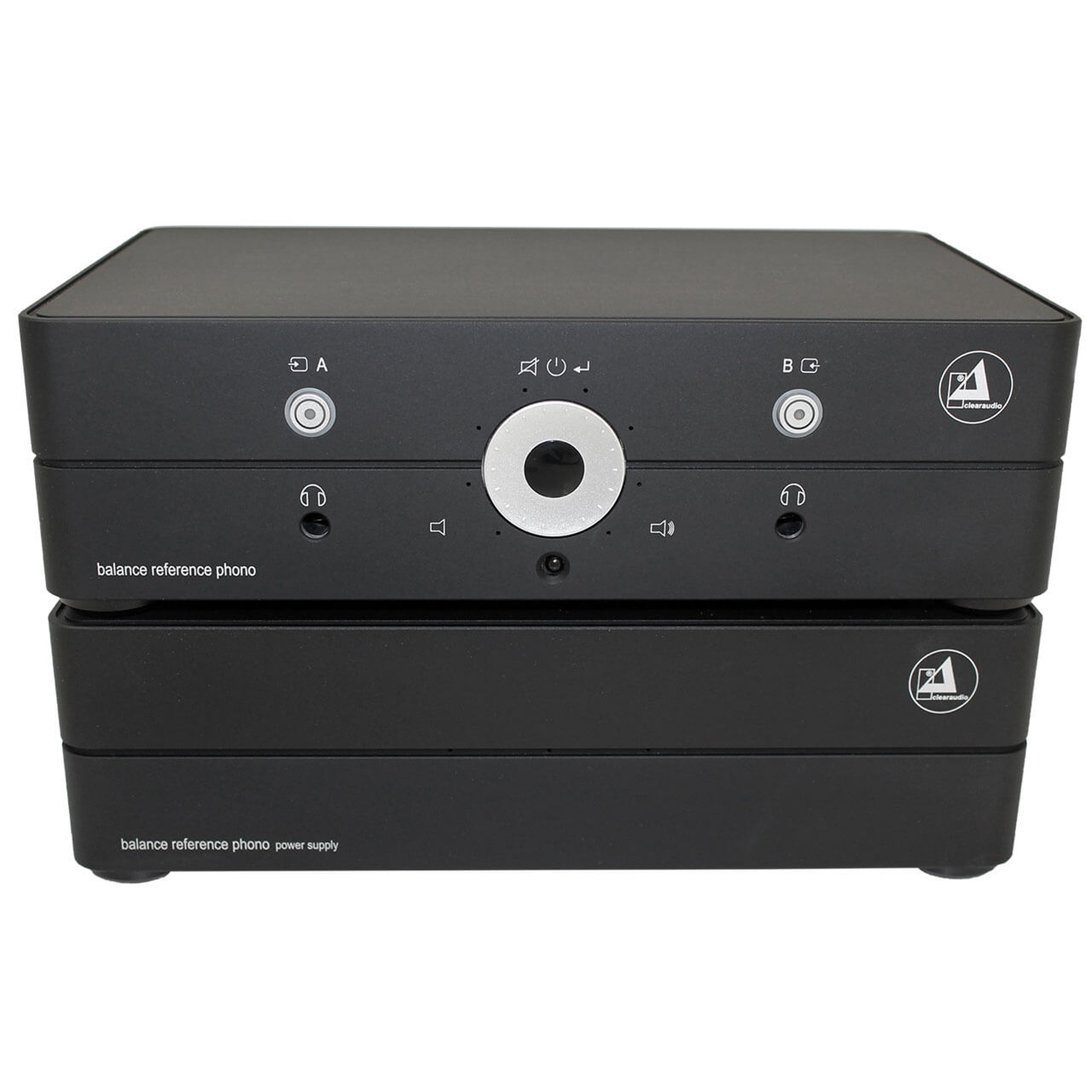 Clearaudio Balance Reference Phono-Vorverstärker Schwarz Frontansicht mit Netzteil und Lautstärkering