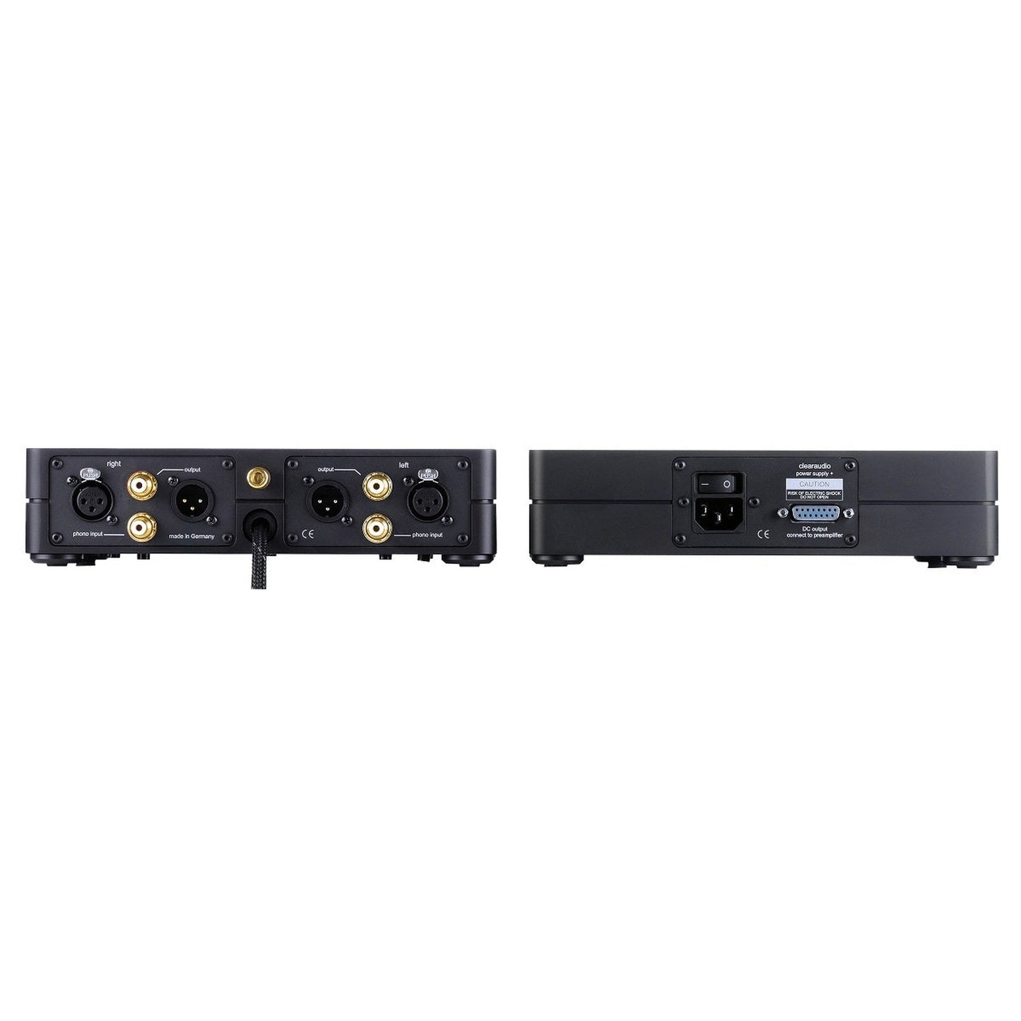 Clearaudio Balance V2 Phono-Vorverstärker Schwarz Rückansicht mit XLR- und Cinch-Buchsen und Netzteil-Rückseite
