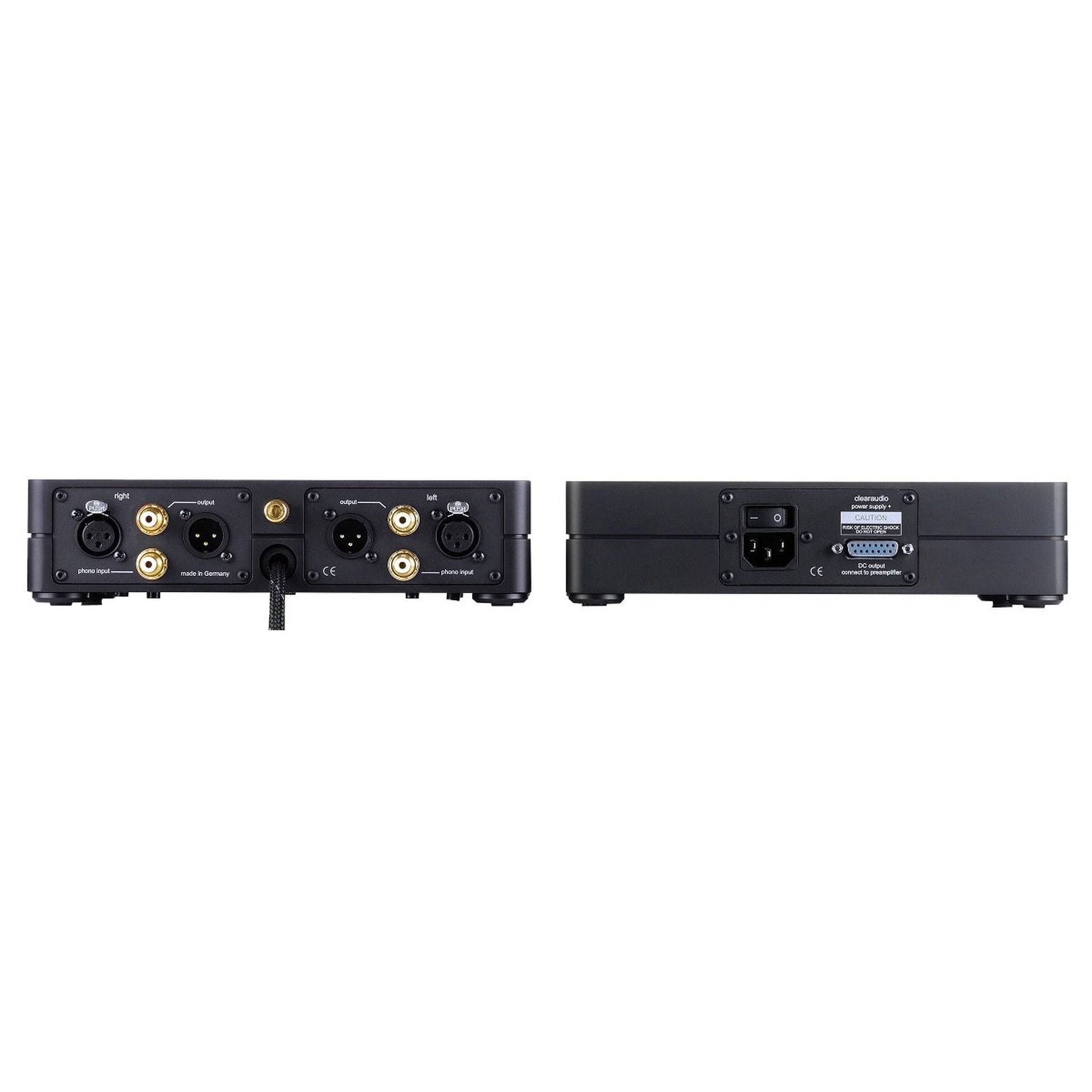 Clearaudio Balance V2 Phono-Vorverstärker Schwarz Rückansicht mit XLR- und Cinch-Buchsen und Netzteil-Rückseite