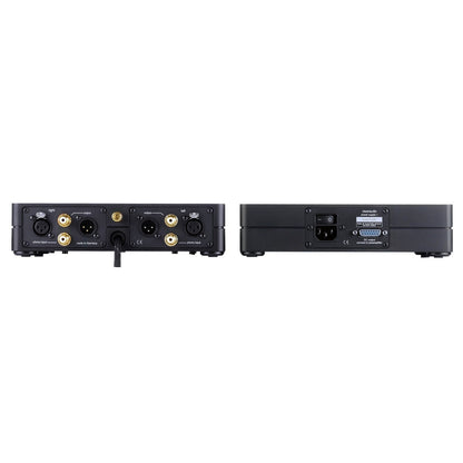 Clearaudio Balance V2 Phono-Vorverstärker Schwarz Rückansicht mit XLR- und Cinch-Buchsen und Netzteil-Rückseite