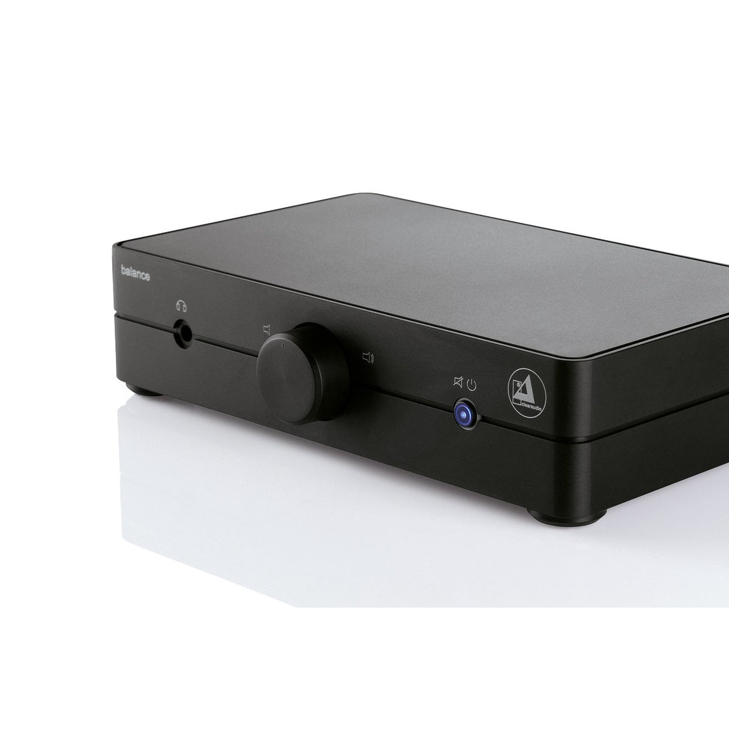 Clearaudio Balance V2 Phono-Vorverstärker Schwarz Schrägansicht mit Lautstärkeregler und Kopfhörerausgang