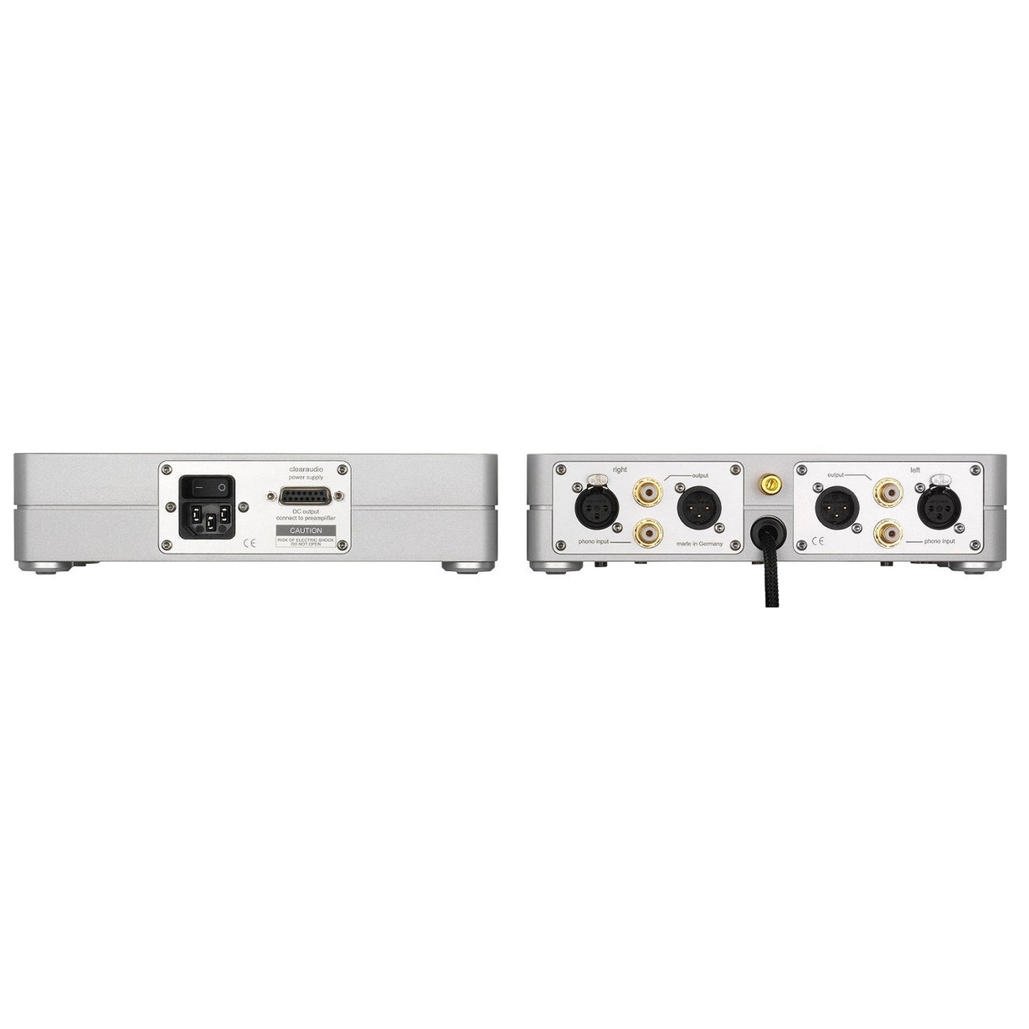 Clearaudio Balance V2 Phono-Vorverstärker Silber Rückansicht mit XLR- und Cinch-Buchsen und Netzteil-Rückseite