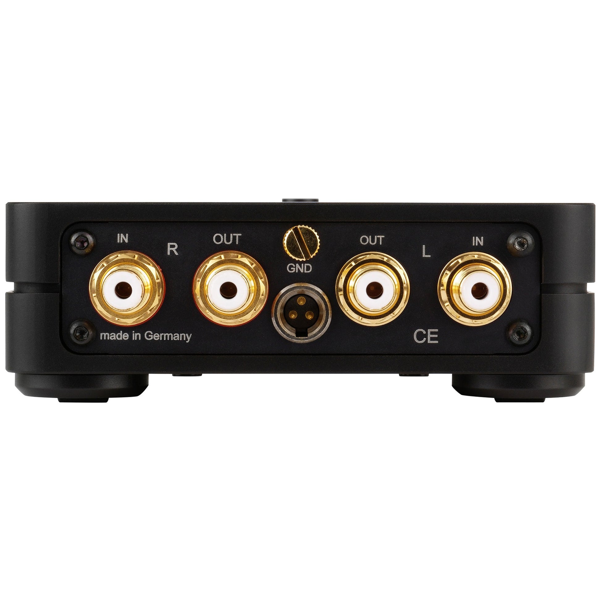 Clearaudio Basic V2 Phono-Vorverstärker Schwarz Anschlussfeld mit vergoldeten Cinch-Buchsen und Masseanschluss