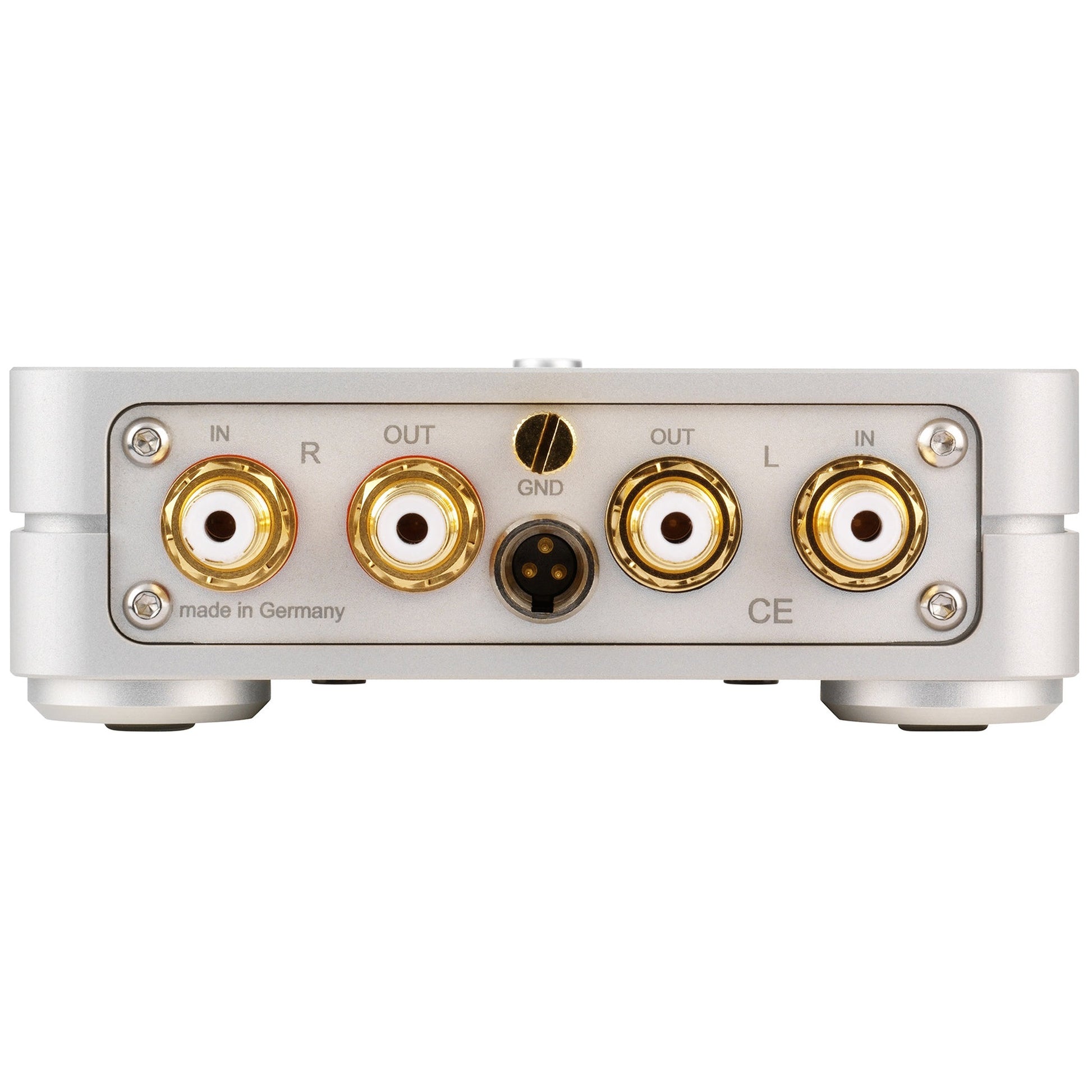 Clearaudio Basic V2 Phono-Vorverstärker Silber Anschlussfeld mit vergoldeten Cinch-Buchsen und Masseanschluss