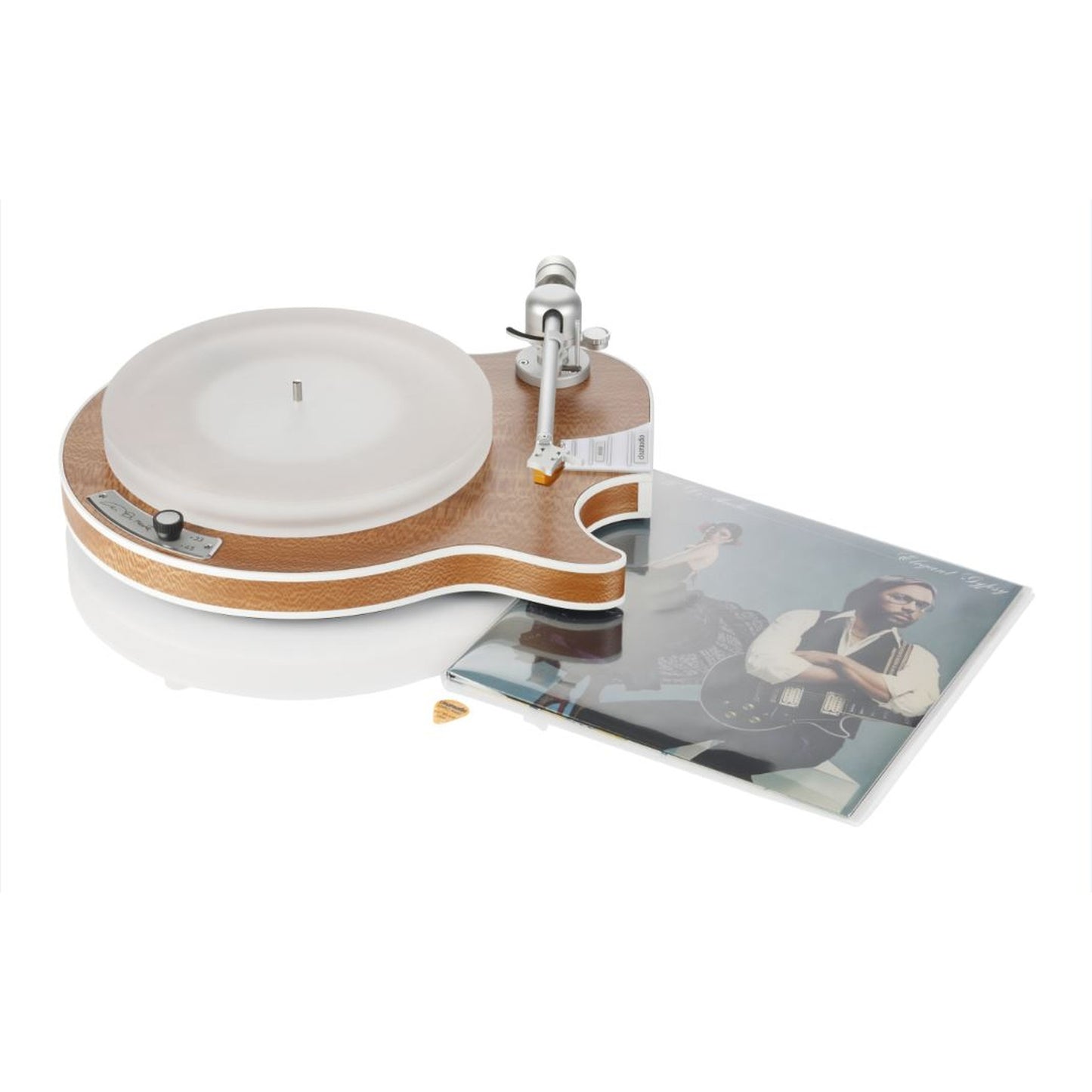 Clearaudio Celebrity Al Di Meola Plattenspieler Setansicht mit Schallplattencover, Holzzarge