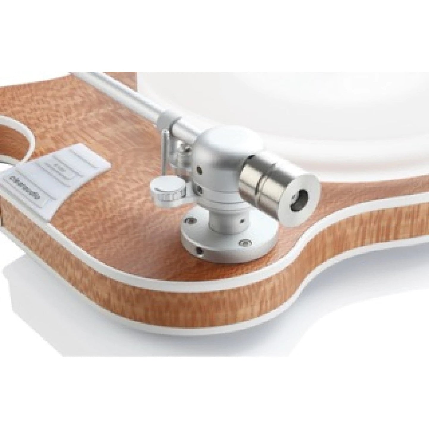 Clearaudio Celebrity Al Di Meola Plattenspieler Detailansicht Tonarmbasis mit Lager und Gegengewicht