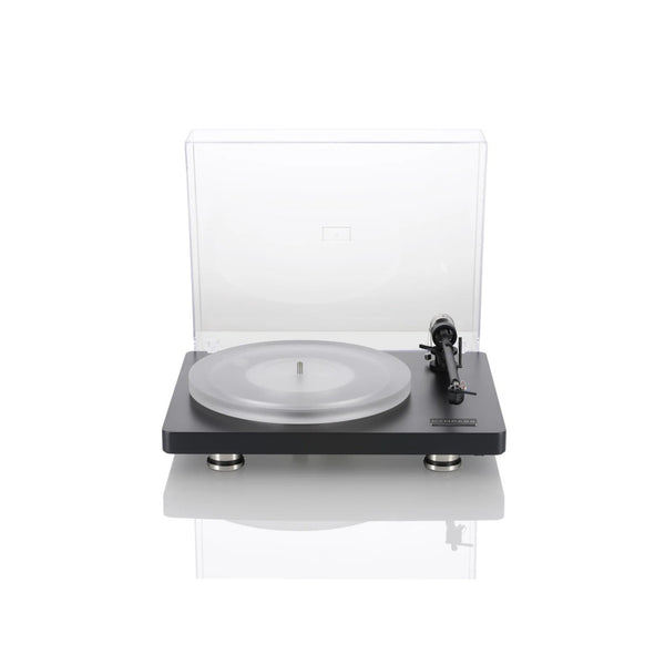 Clearaudio compass Plattenspieler Frontansicht mit Acryl-Staubschutzhaube, Tonarm und Plattenteller, Schwarz