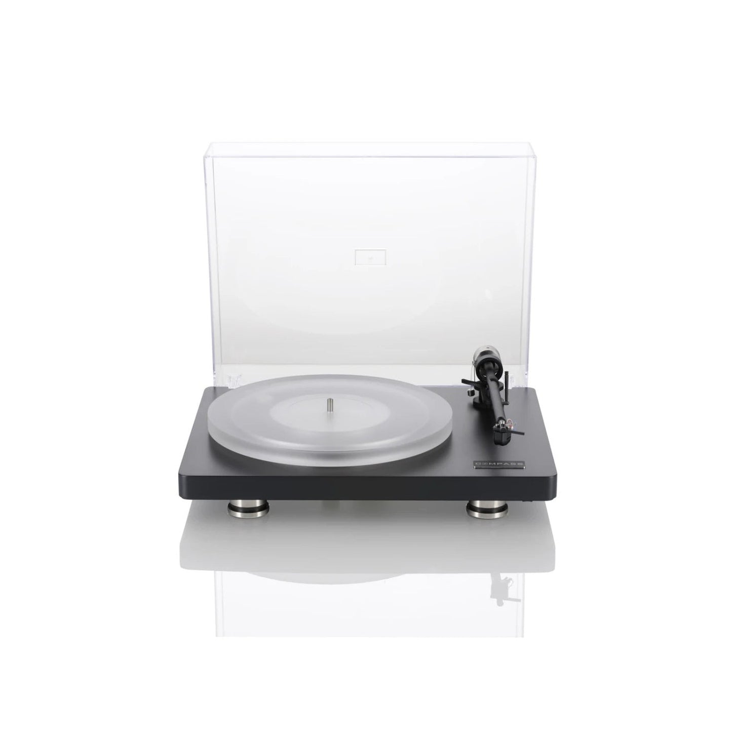 Clearaudio compass Plattenspieler Frontansicht mit Acryl-Staubschutzhaube, Tonarm und Plattenteller, Schwarz
