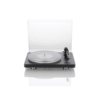 Clearaudio compass Plattenspieler Frontansicht mit Acryl-Staubschutzhaube, Tonarm und Plattenteller, Schwarz