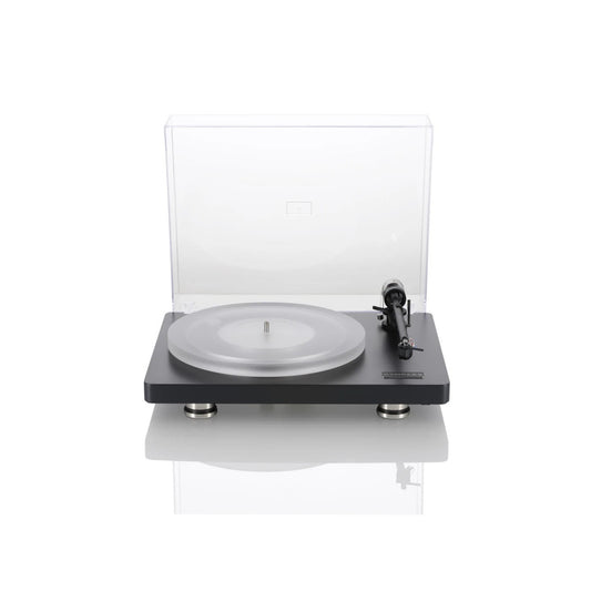 Clearaudio compass Plattenspieler Frontansicht mit Acryl-Staubschutzhaube, Tonarm und Plattenteller, Schwarz