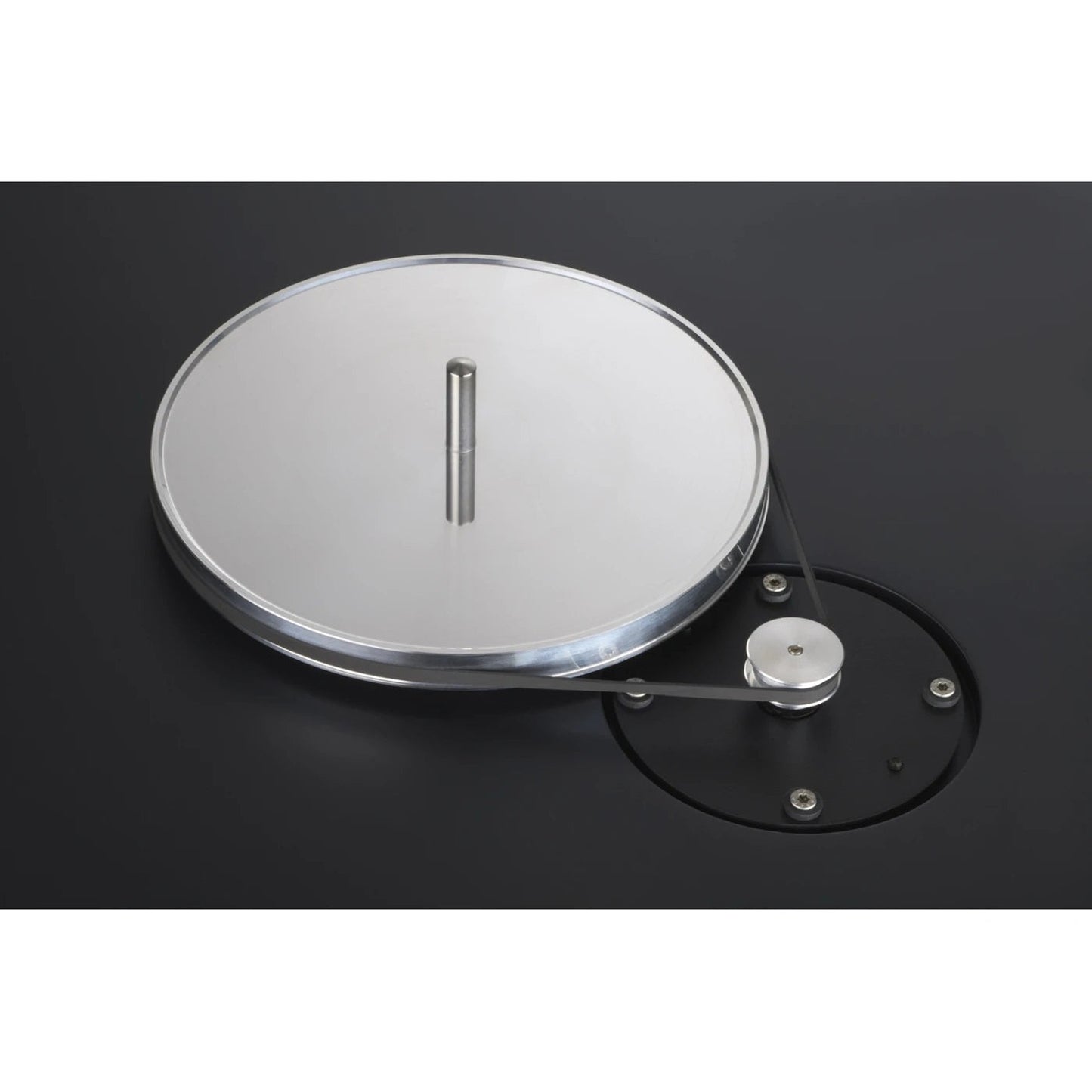 Clearaudio compass Plattenspieler Detailansicht Plattenteller mit Antriebsriemen und Motorpulley, Schwarz