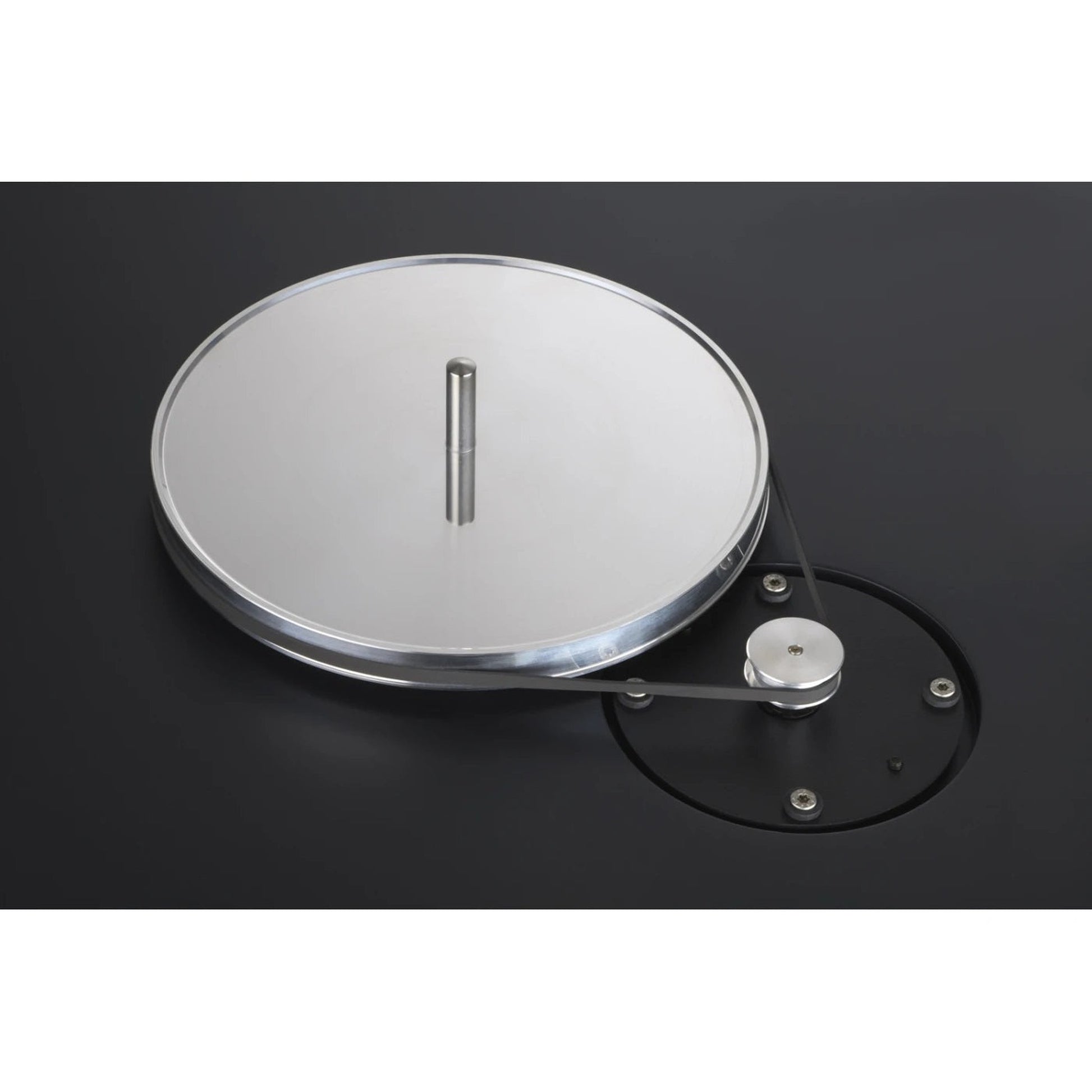 Clearaudio compass Plattenspieler Detailansicht Plattenteller mit Antriebsriemen und Motorpulley, Schwarz