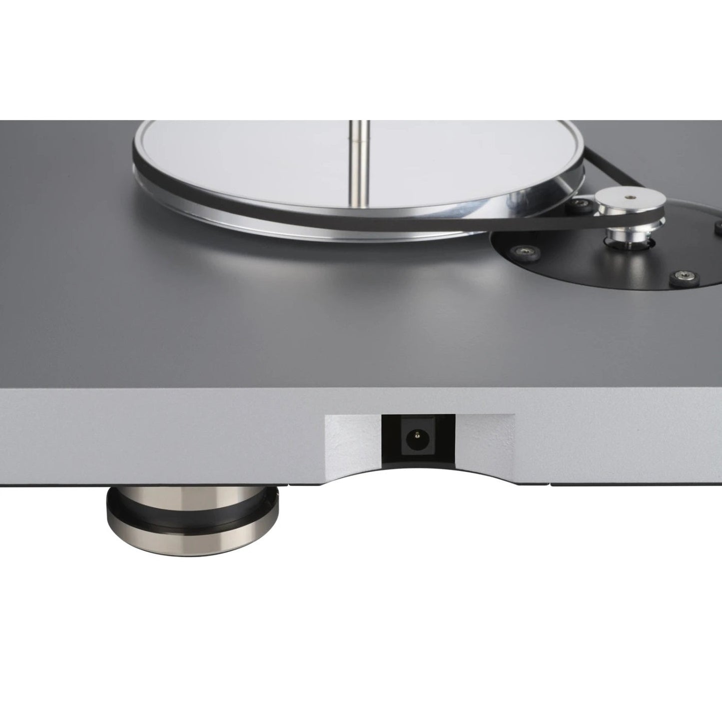 Clearaudio compass Plattenspieler Anschlussfeld mit DC-Netzbuchse und Gerätefuss, Silber
