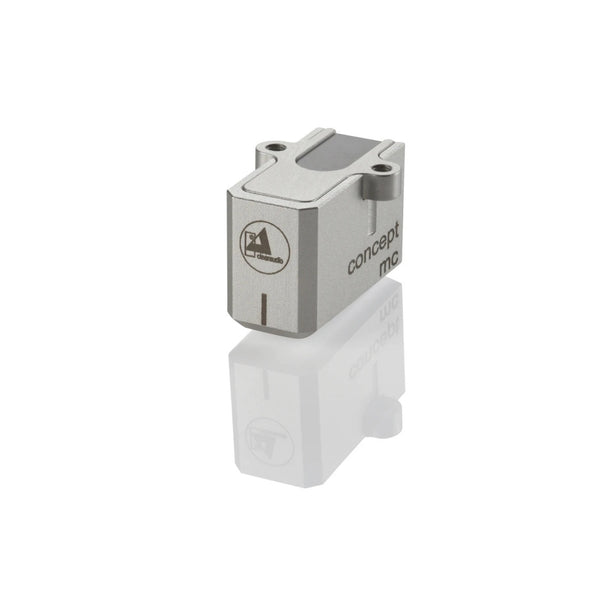 Clearaudio Concept MC Moving-Coil-Tonabnehmer Silber Schrägansicht, Aluminiumgehäuse mit Modellgravur