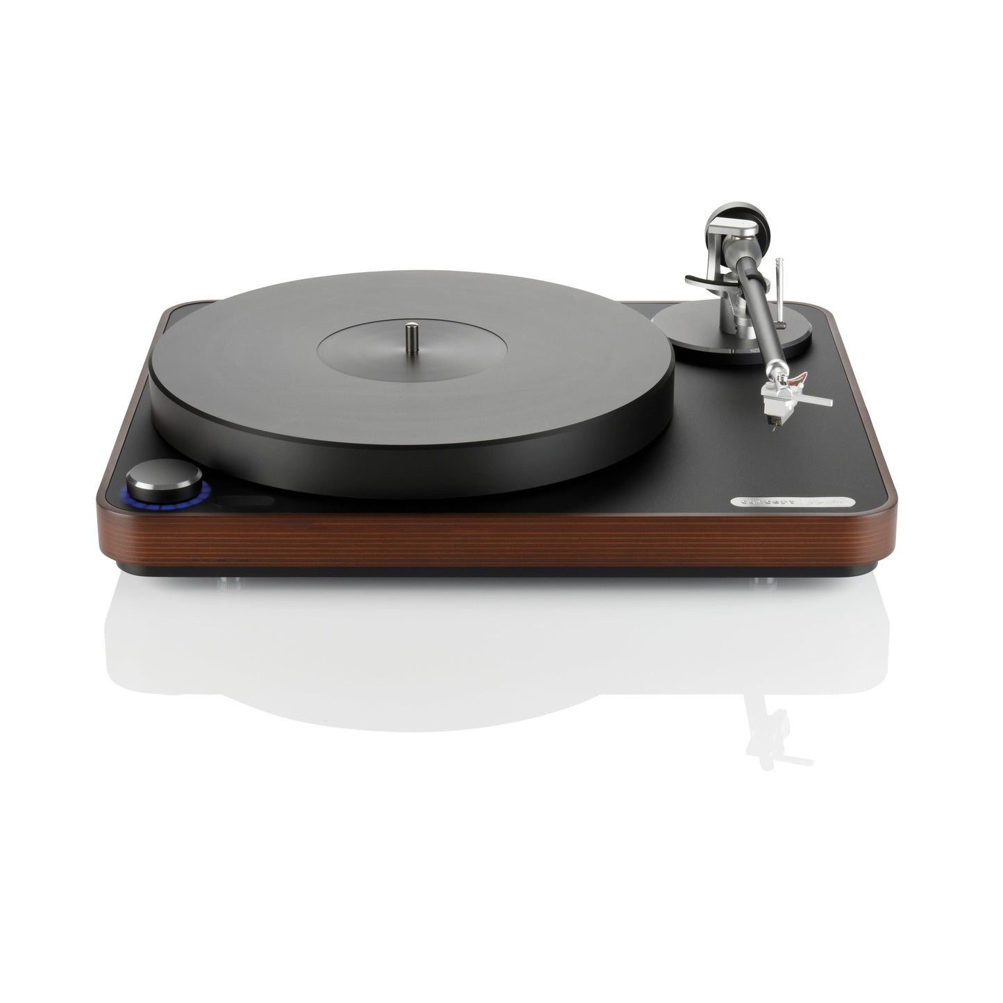 Clearaudio concept Signature Plattenspieler Frontansicht mit Tonarm, Tonabnehmer und Zarge in dunklem Holz