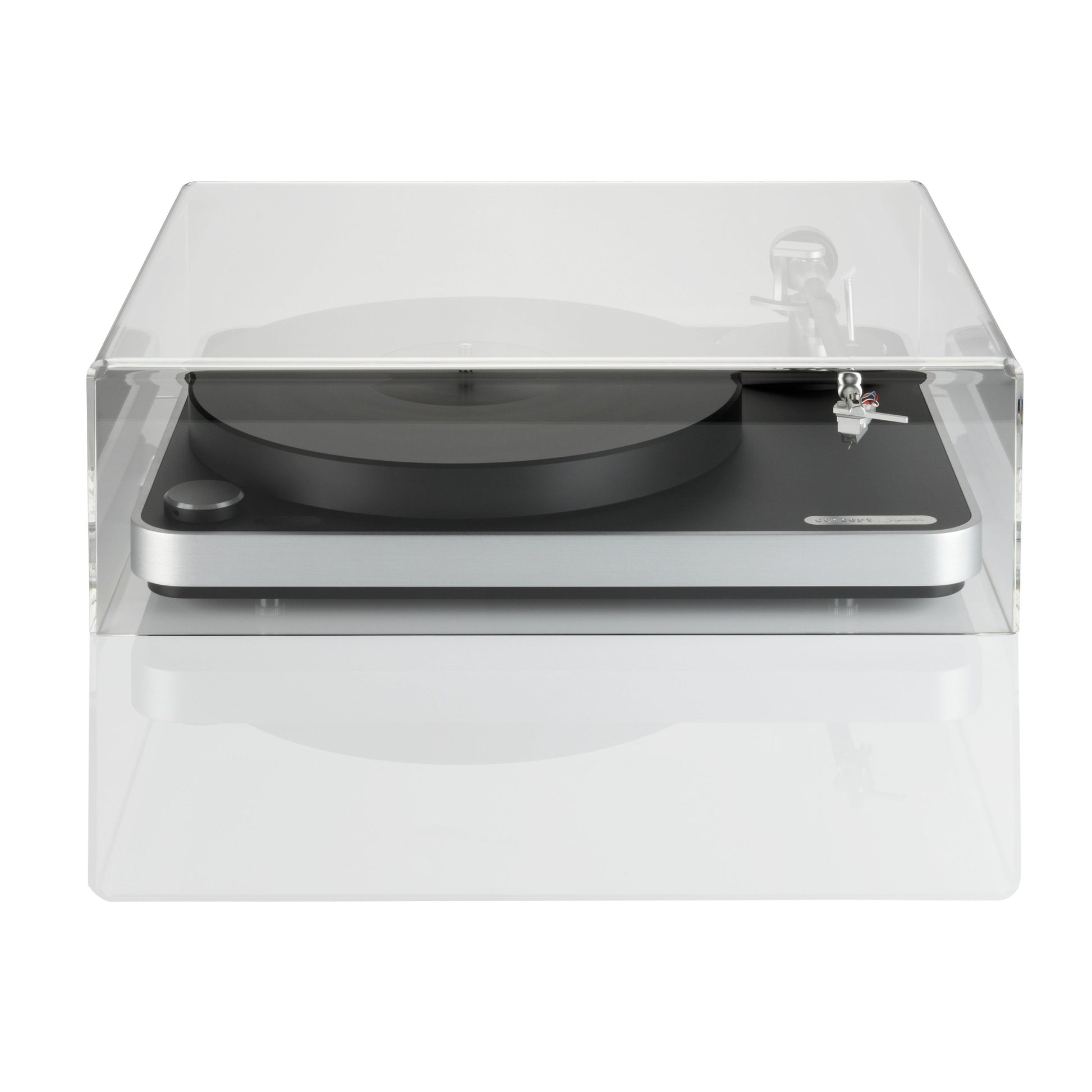 Clearaudio concept Signature Plattenspieler Frontansicht mit Acryl-Staubschutzhaube, Silber