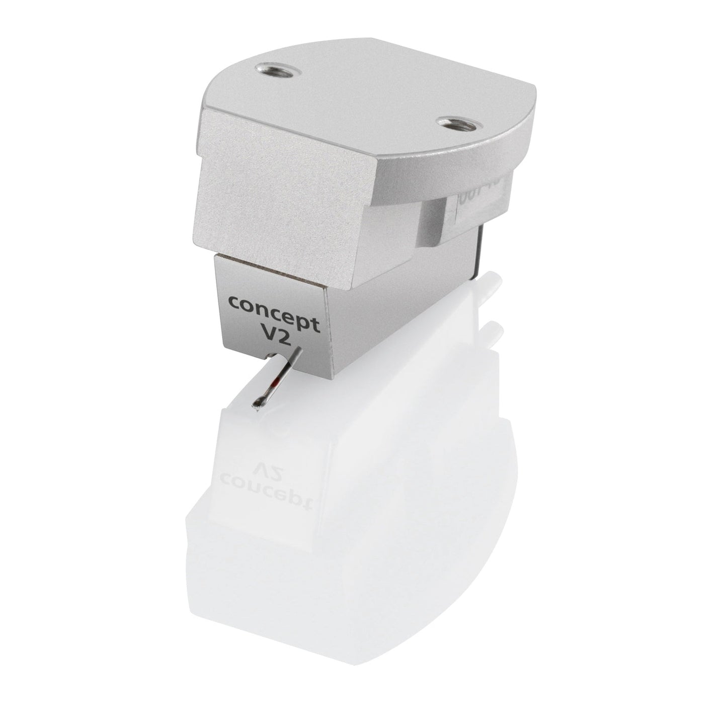 Clearaudio Concept V2 Moving-Magnet-Tonabnehmer Schrägansicht, Aluminiumgehäuse mit Nadelträger