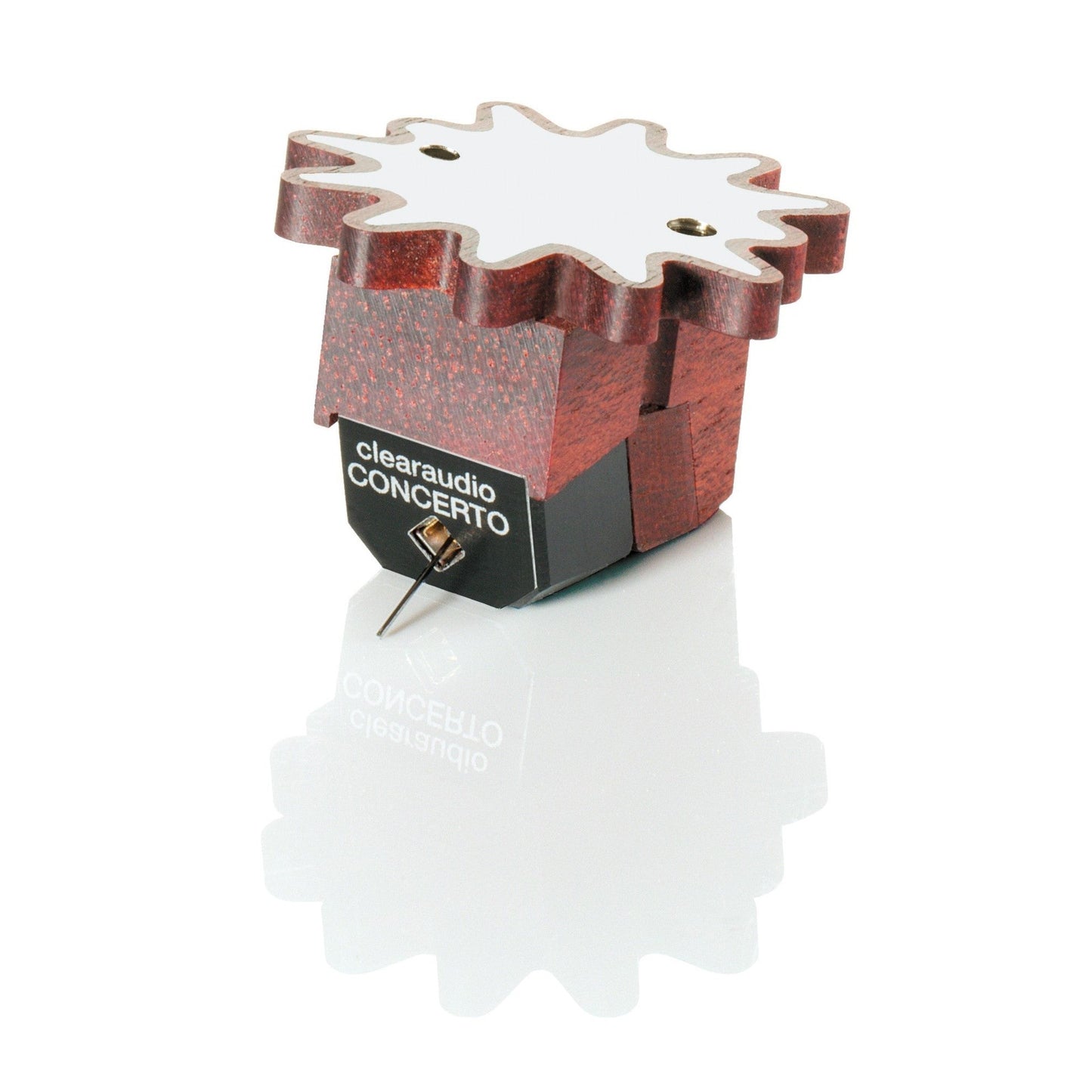 Clearaudio Concerto V2 Moving-Coil-Tonabnehmer Schrägansicht, rotes Holzgehäuse mit Zahnrad-Deckplatte