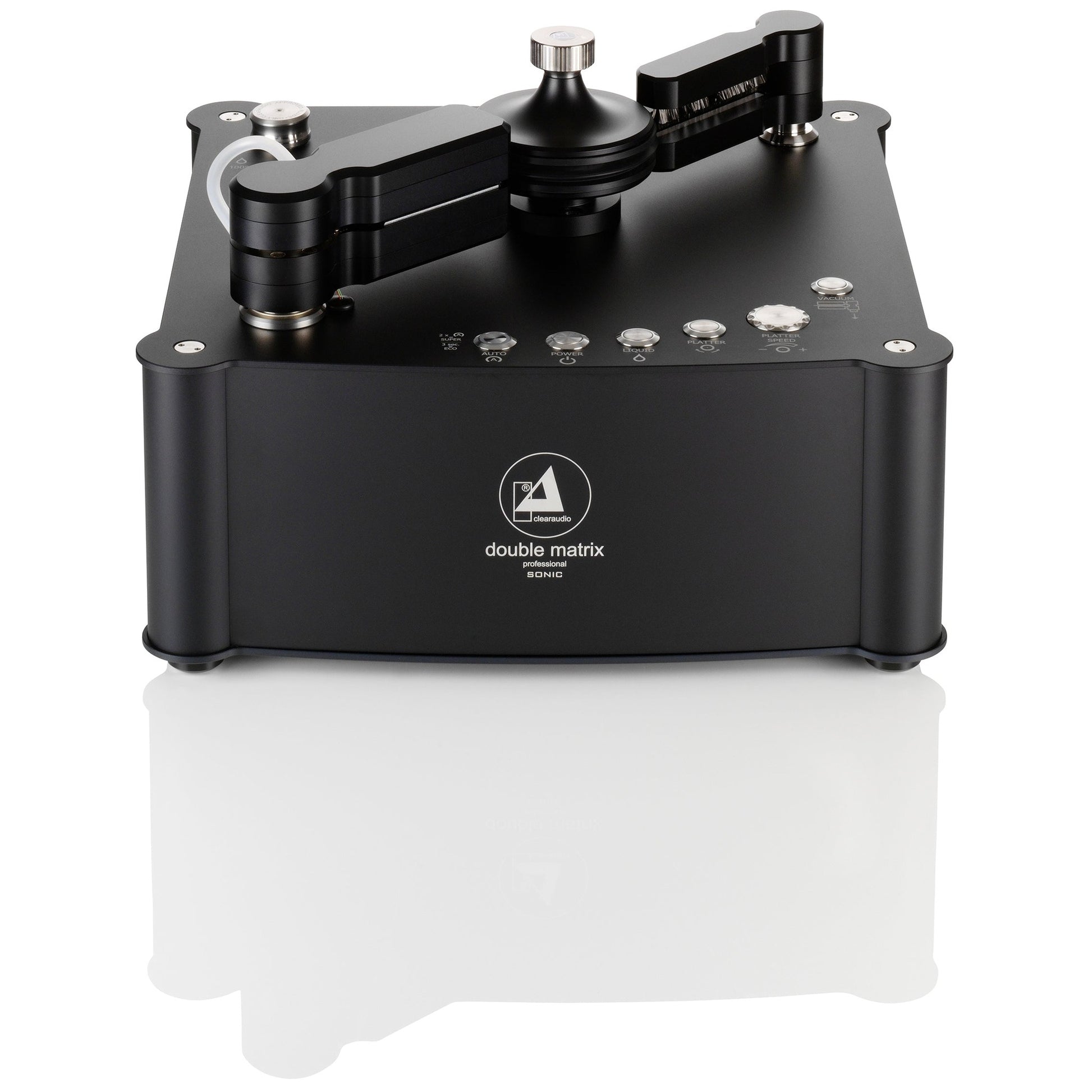 Clearaudio Double Matrix Professional Sonic Plattenwaschmaschine Schwarz Schrägansicht mit Absaugarm und Bürstenarm