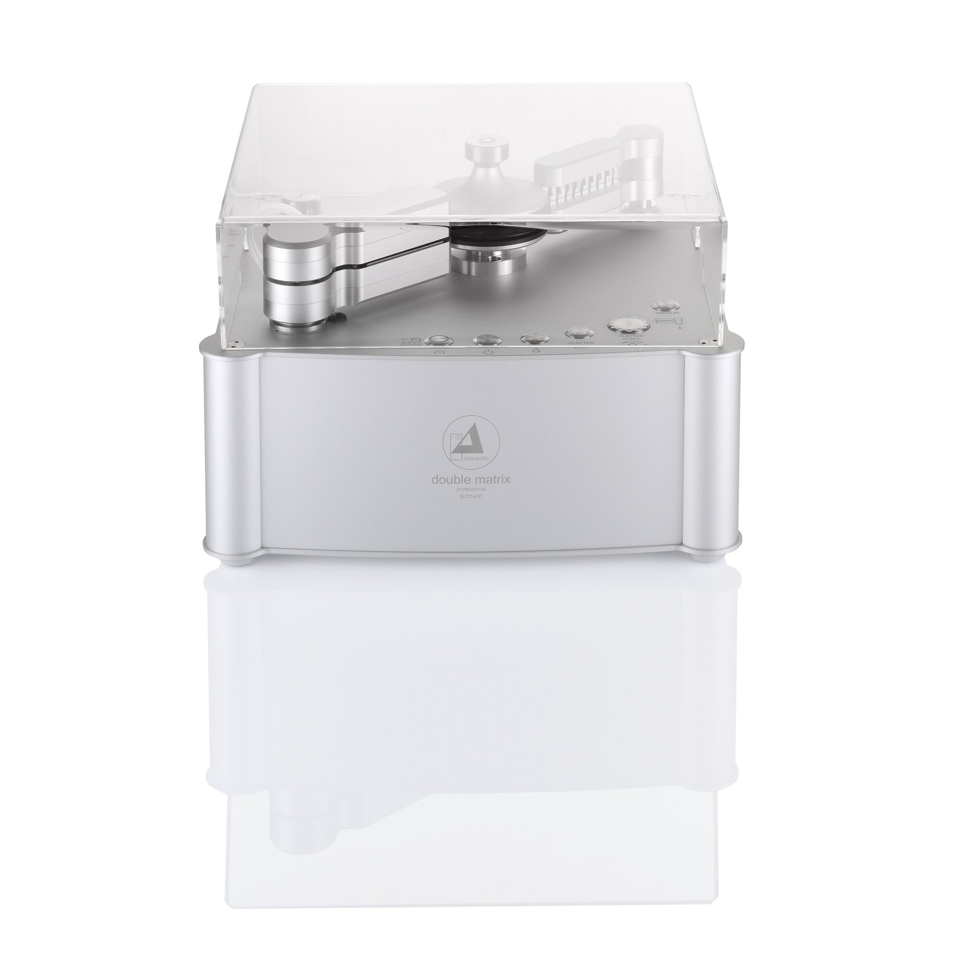 Clearaudio Double Matrix Professional Sonic Plattenwaschmaschine Silber Schrägansicht mit transparenter Acrylhaube