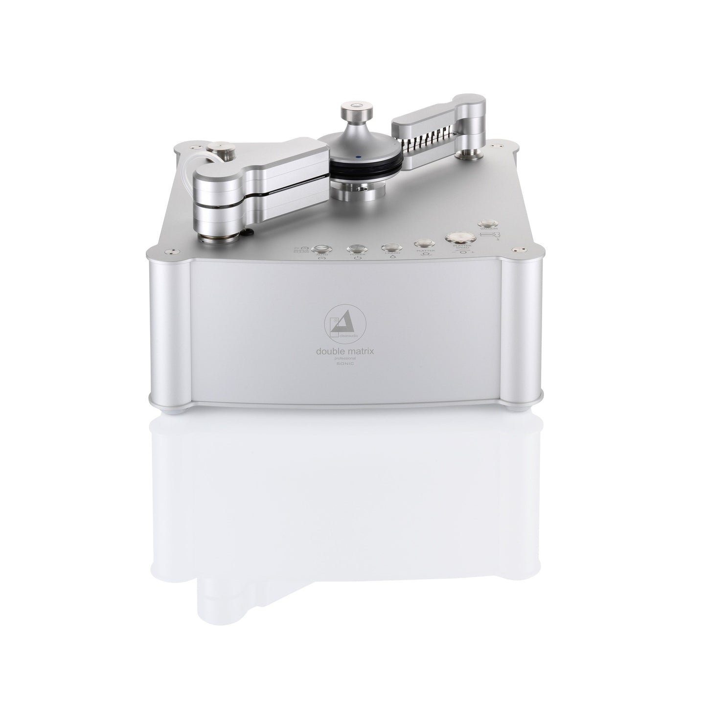 Clearaudio Double Matrix Professional Sonic Plattenwaschmaschine Silber Schrägansicht mit Absaugarm und Bürstenarm