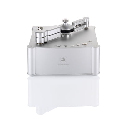 Clearaudio Double Matrix Professional Sonic Plattenwaschmaschine Silber Schrägansicht mit Absaugarm und Bürstenarm