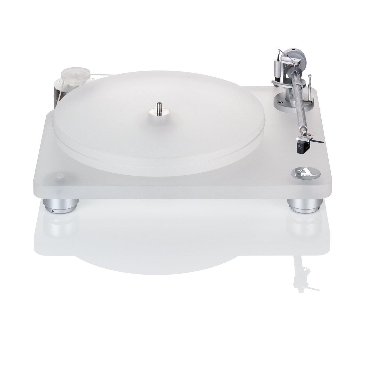 Clearaudio Emotion SE Plattenspieler Frontansicht mit Acrylzarge, Acrylplattenteller und Tonarm