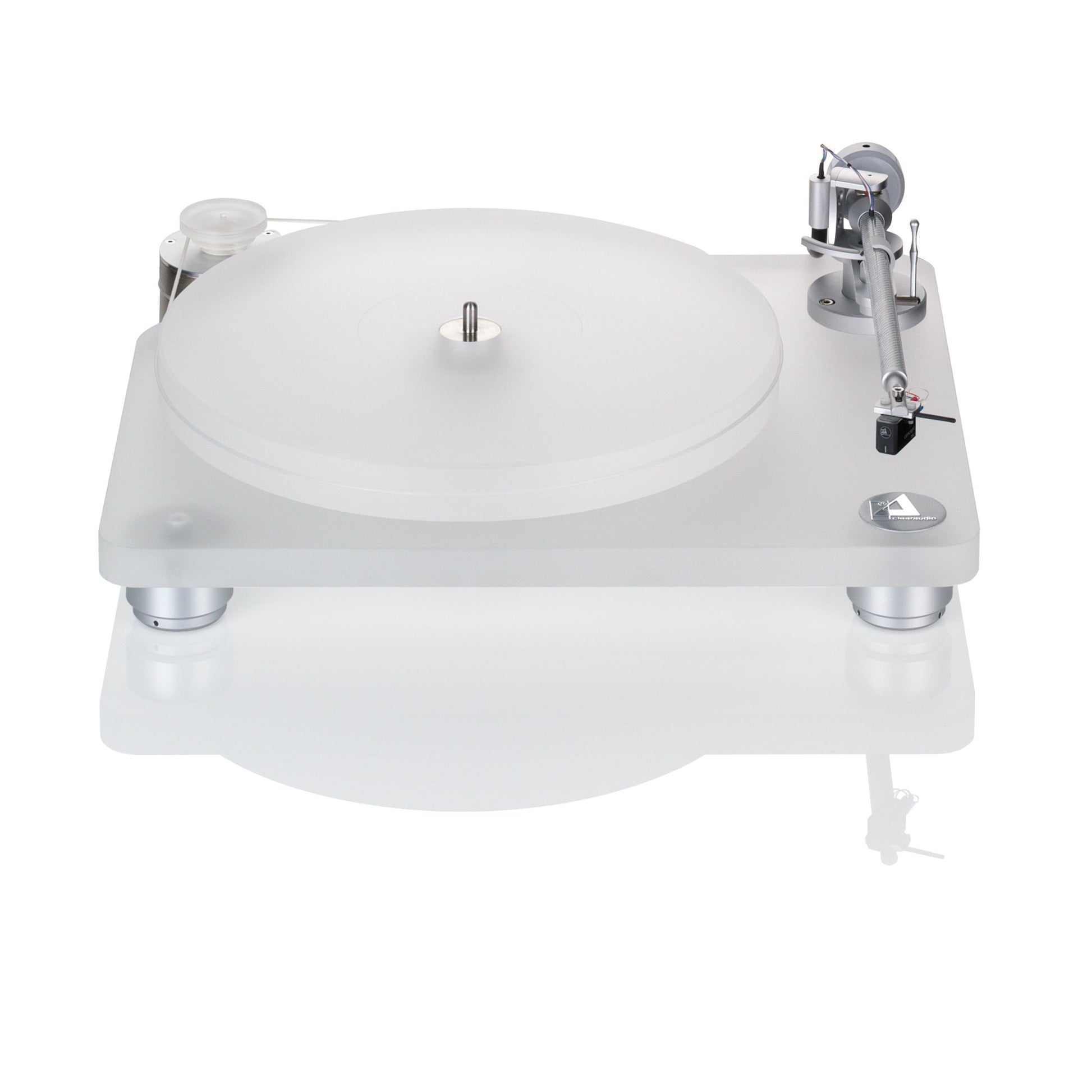 Clearaudio Emotion SE Plattenspieler Frontansicht mit Acrylzarge, Acrylplattenteller und Tonarm