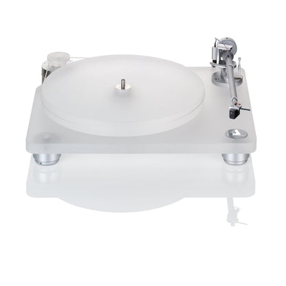 Clearaudio Emotion SE Plattenspieler Frontansicht mit Acrylzarge, Acrylplattenteller und Tonarm