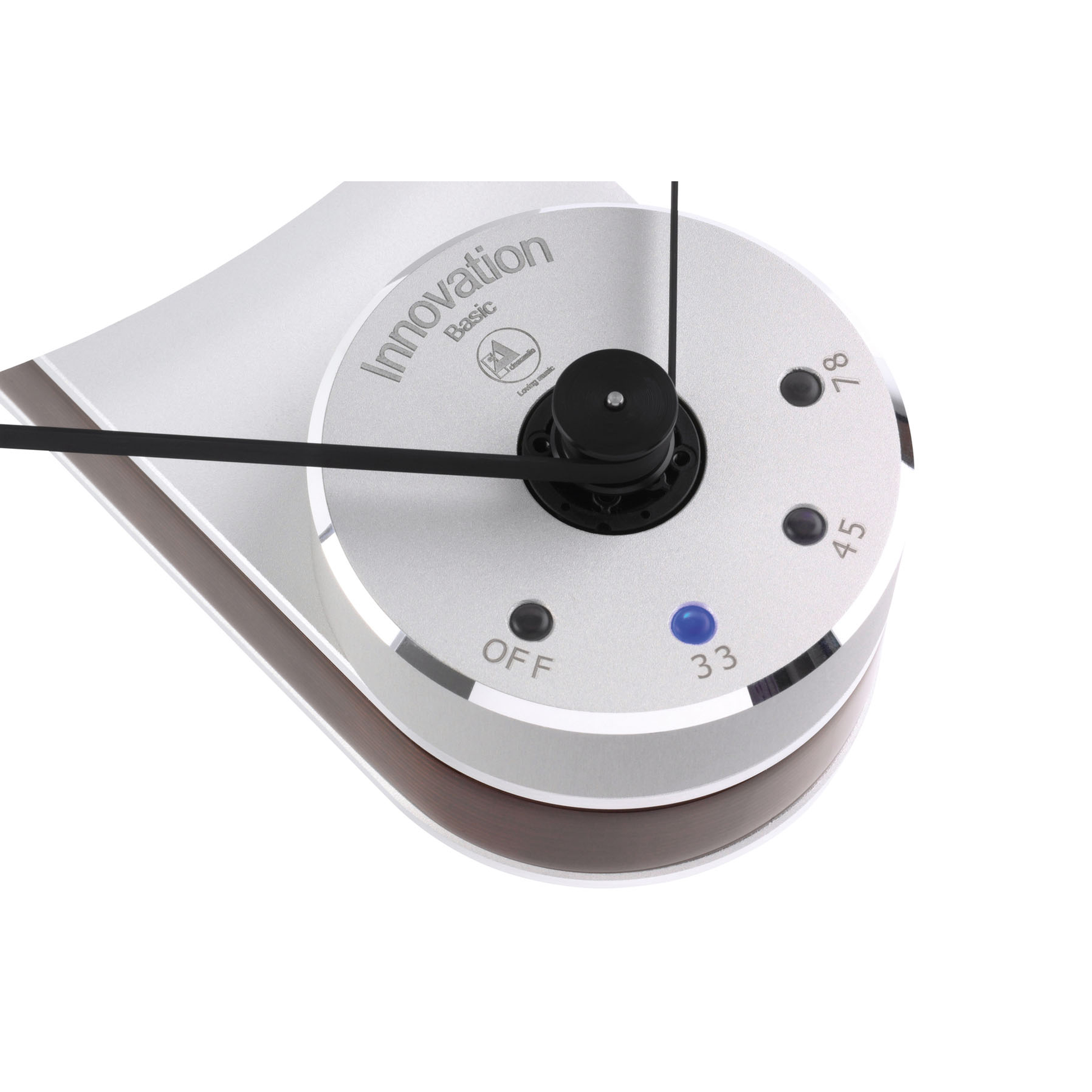 Clearaudio Innovation Basic Plattenspieler Detailansicht Motoreinheit mit Drehzahlwahl 33, 45 und 78 und Antriebsriemen