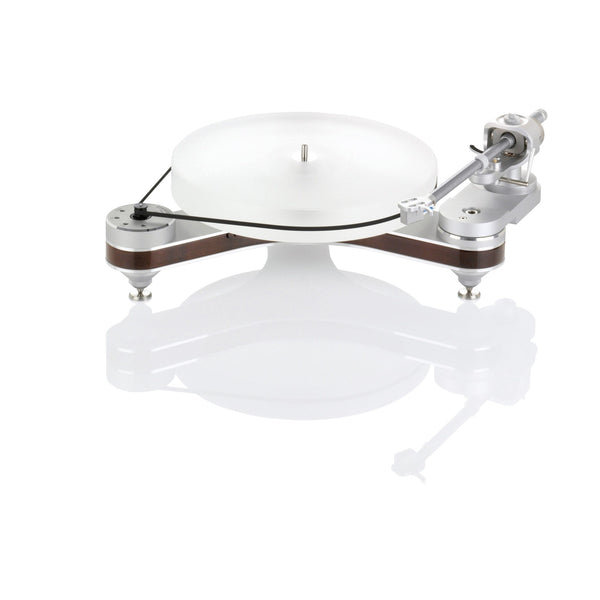 Clearaudio Innovation Basic Plattenspieler Frontansicht in Silber mit Holzzarge, Acryl-Plattenteller und Tonarm