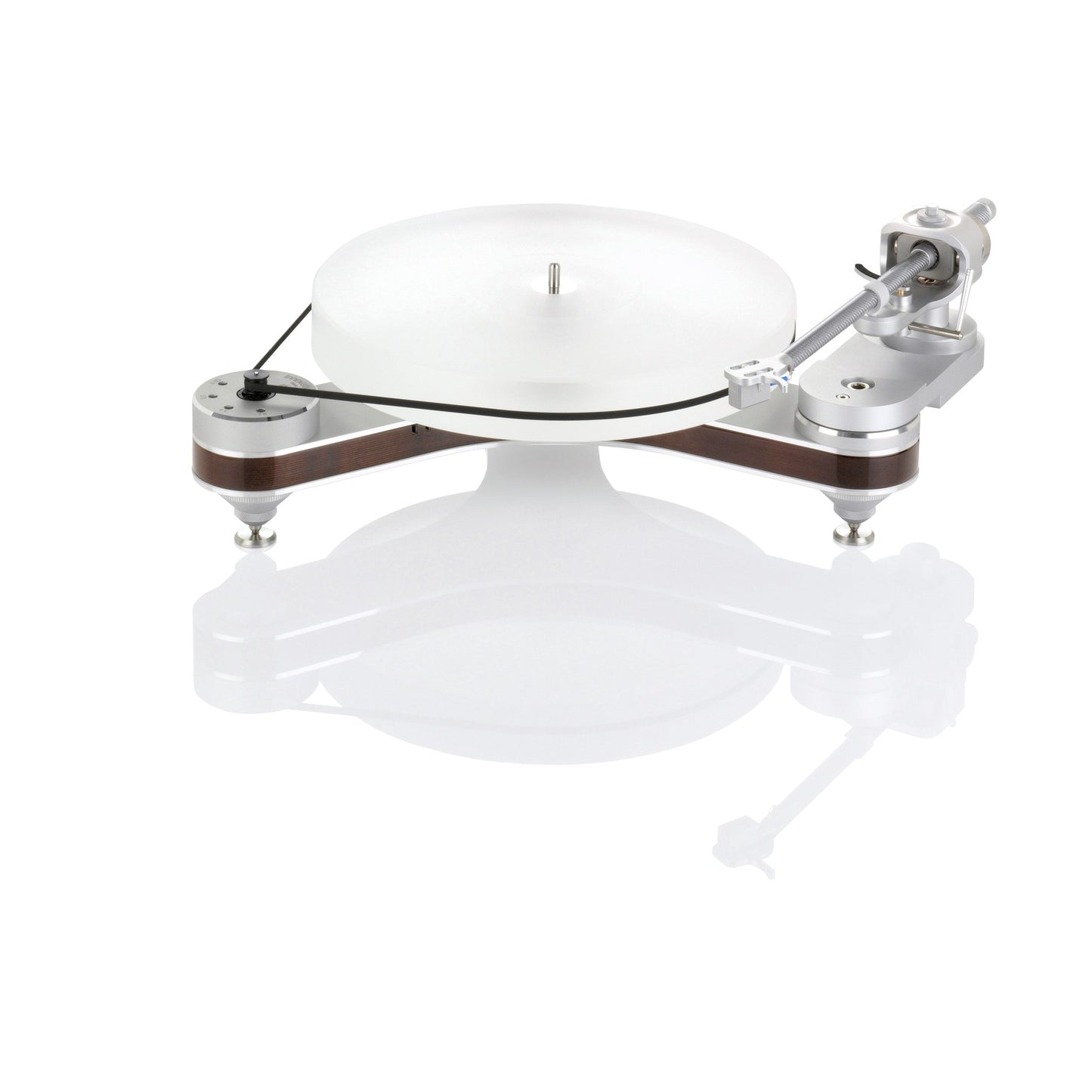 Clearaudio Innovation Basic Plattenspieler Frontansicht in Silber mit Holzzarge, Acryl-Plattenteller und Tonarm