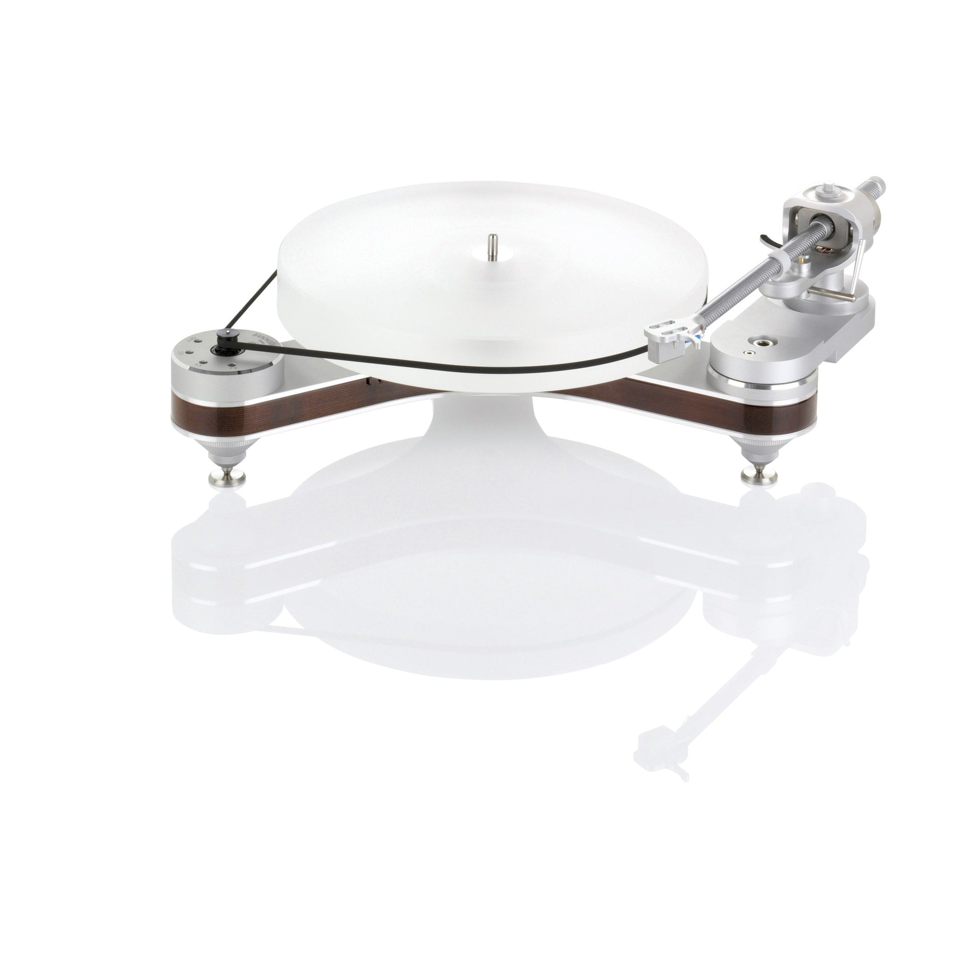 Clearaudio Innovation Basic Plattenspieler Frontansicht in Silber mit Holzzarge, Acryl-Plattenteller und Tonarm