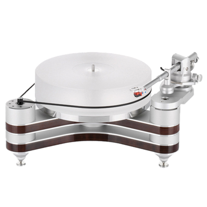 Clearaudio Innovation Plattenspieler Frontansicht in Silber mit Holzeinlagen, Plattenteller und Tonarm