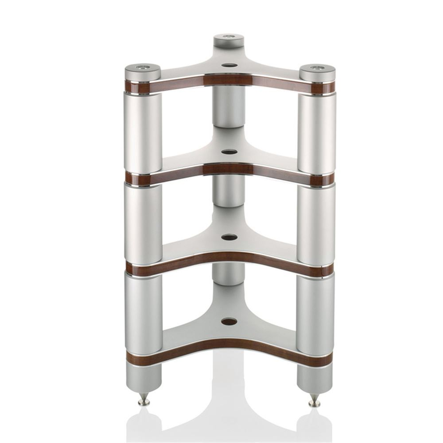 Clearaudio Innovation Series Stand HiFi-Rack Frontansicht, Silber mit Holzeinlagen und Spikes