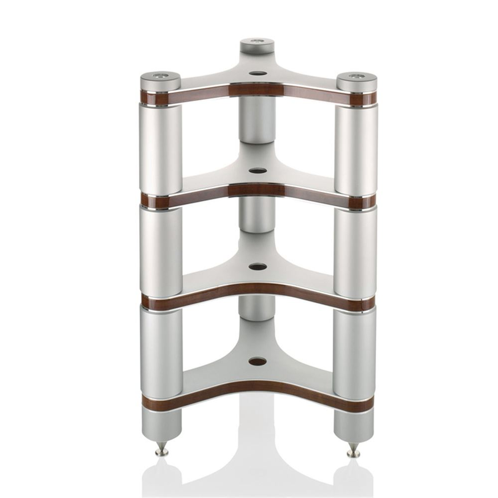 Clearaudio Innovation Series Stand HiFi-Rack Frontansicht, Silber mit Holzeinlagen und Spikes