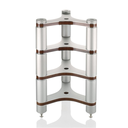 Clearaudio Innovation Series Stand HiFi-Rack Frontansicht, Silber mit Holzeinlagen und Spikes